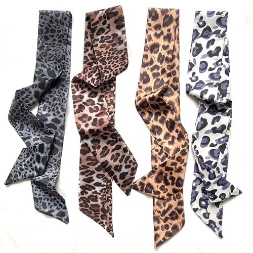 4 Pezzi Foulard Per Capelli Donna Sciarpa Donna Foulard Capelli Nastro Sciarpa Di Seta Per Capelli, Polsi, Manici Per Borse(Stampa Leoparda)