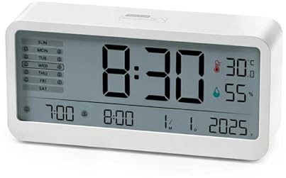 Wecker Digital mit großen Zahlen, LCD Wecker mit Temperatur- & Luftfeuchtigkeitsanzeige, Helligkeit regelbar, 2 getrennte Weckzeiten, Snooze Funktion, 12/24HR Format, Immer eingeschaltetes Display