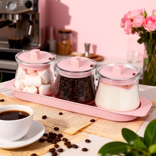 Yiyiring 3 Pcs Glass Coffee Bar Accessories Set, 10oz Pink Kitchen Jars