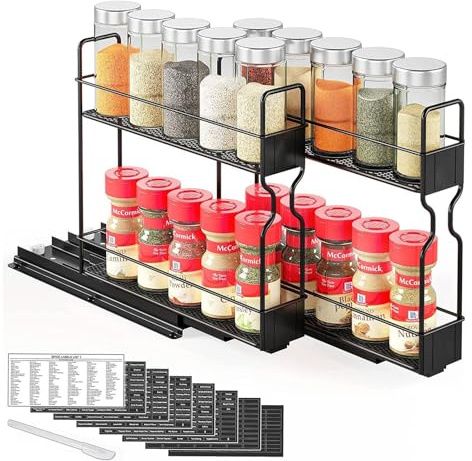 Gevvnss Estantería para especias extensible, organizador de especias doble, organizador de cocina, organizador que ahorra espacio para especias, tarros, tarros de especias, etiquetas incluidas, negro