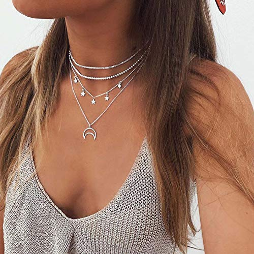 TseenYi Collier ras du cou bohème multi-rangs avec pendentifs en forme de lunes et d’étoiles - Vintage, argent