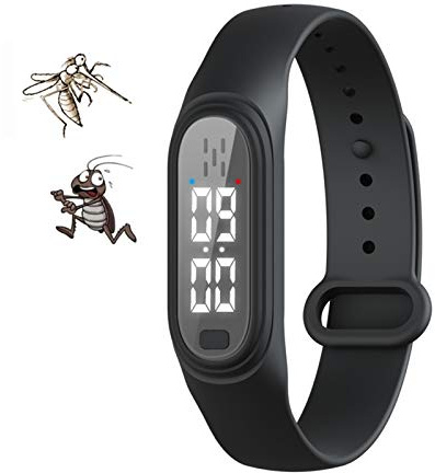 Ultraljud Myggavvisande armbandsur med tidsvisning, USB uppladdningsbart smart vattentätt anti mygginsekt skadedjur buggar armband, bästa resor/camping tillbehör för barn vuxen,Black