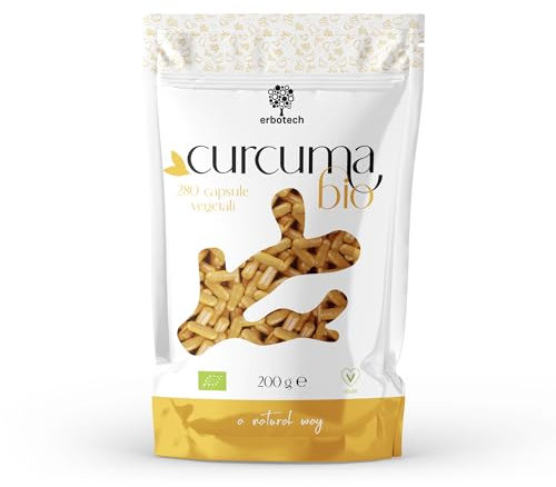 ERBOTECH Curcuma BIO in Capsule, Confezione da 200g, circa 280 Capsule, 100% Pura e Biologica, Concentrata e Senza Addittivi, Integratore Alimentare Naturale, Vegan