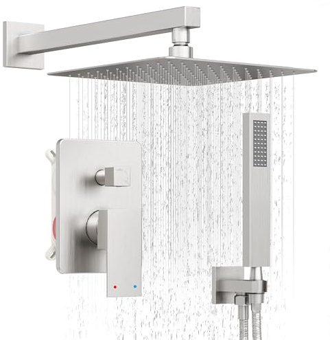 HoliSpa Brushed Nickel Shower System, Shower Faucet Set with 10-Inch Rain Showerhead and Handheld Spray, Wall Mounted High-Pressure Showerhead Combo Set Included Valve and Trim, Brushed Nickel
