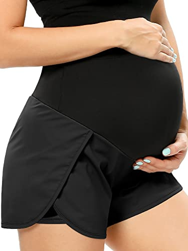 POSHGLAM Women‘s Maternity Shorts Over Belly Workout Running Casual Summer Pregnancy Shorts(Black, Medium)