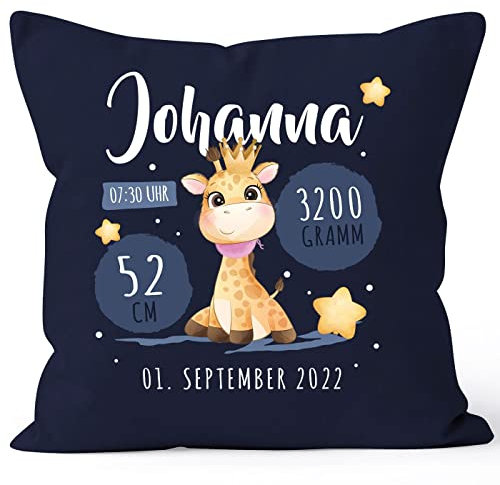 SpecialMe® Kissen-Bezug Geburt Jungen Mädchen Giraffe personalisierbares Geburtskissen Geschenk Navy Standard