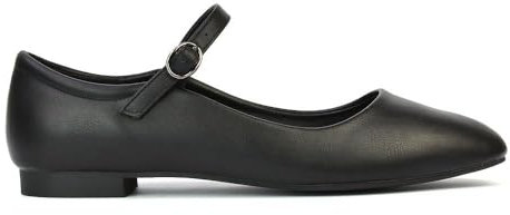 ESSEX GLAM Womens Mary Jane Ballet Shoes Ladies Flats Buckle Strap Square Toe Black Synthetic Leather Dolly Pumps Size 3