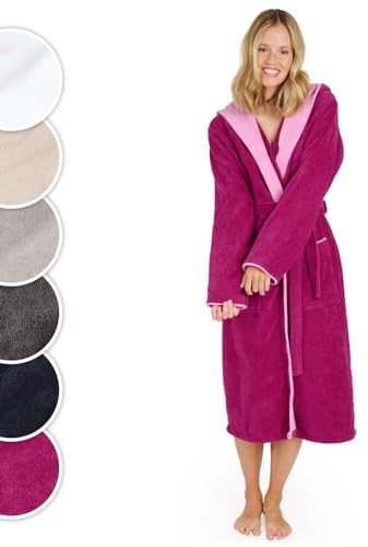 Blumtal badrock dam, mysig mjuk badrock dam bomull med fodrad huva och sammetslen frottévelour, Oeko-TEX®-certifierad, storlek S, fuchsia och rosa