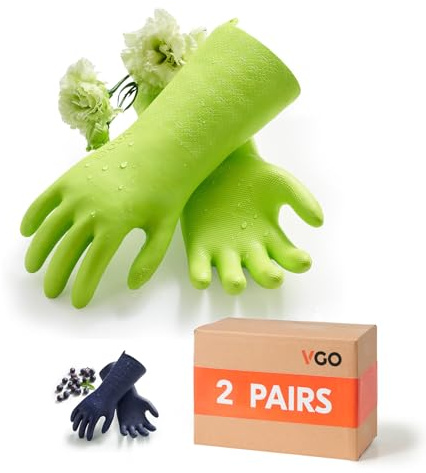 Vgo... 2 pairs Heavy Duty Cleaning Gloves Lined Nylon, Household Gloves Reuseable in TPE Latex Free, Thicker Washing Up Gloves for Kitchen Bathroom Gardening Painting, with Flower Flavor