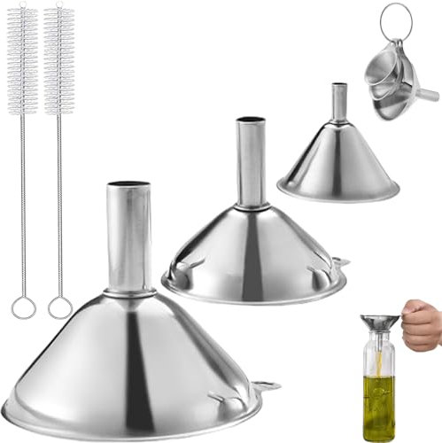 5 PCS Kitchen Funnel Set - Multi-use Food Grade Funnels With Handle, 3 Piece Set With 2 Cleaning Brushes for Filling Bottles, Liquid, Spices, Powder, Oils