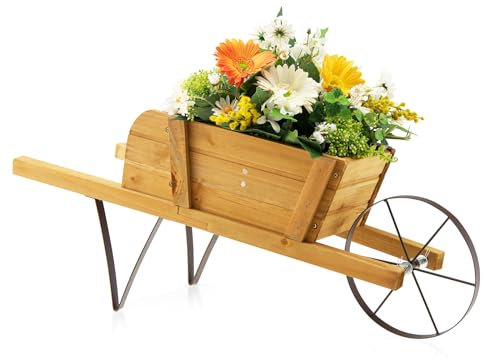 HOMASIS Brouette en bois pour plantes, jardinière d'extérieur avec roue et 9 accessoires magnétiques décoratifs, brouette décorative de jardin, extérieur, balcon, portée de 5 kg, 69,5 x 26 x 29,5 cm