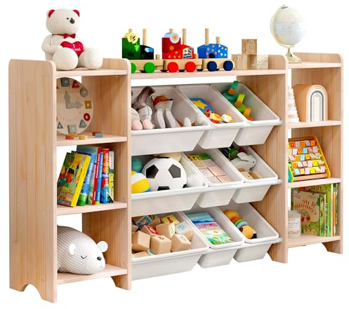 MallBest 4-Tier Kids' Toy Storage Organizer Shelf - 100% Solid Wood,Extra Wide Children's Storage Cabinet with 9 Plastic Bins and 6 Storage Ports