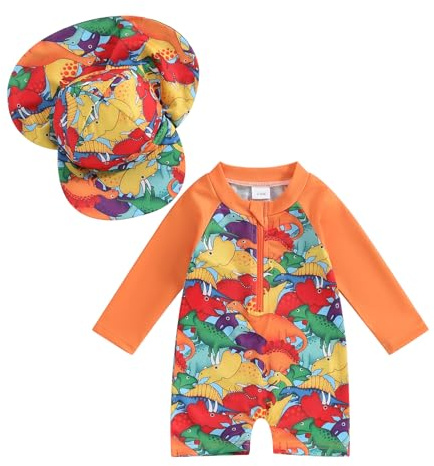 XIXIMAON Costume da bagno per neonati, ragazzi, con protezione UV, costume da bagno a maniche lunghe, cuffia da bagno, set per piscina, spiaggia, immersioni, surf, 6-12 Mesi