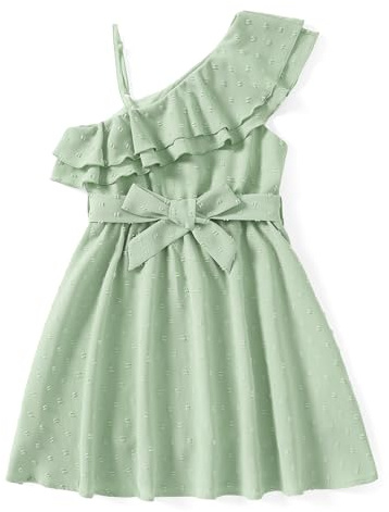PATPAT Girls' One-Shoulder Dress - Festive Flower Girl Dress for Wedding, Photo Shoots and Holidays - A-line Princess Summer Dress with Adjustable Belt and Beautiful Asymmetrical Sleeves, light green,