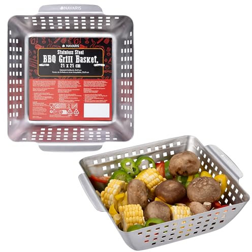 Navaris Stainless Steel BBQ Grill Basket - 21x21cm (8.3x8.3) BBQ Grill Pan w Heavy-Duty Design & Perfect Heat Distribution for Best Results - Easy to Use & Clean for Any Griller