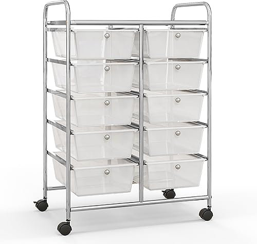 HOMGX Rolling Cart with 10 Drawers, 10 Tiers Multicolor Trolley, Drawer Bin Carts with 2 Lockable Wheels, Adjustable File & Debris Organizer Cart, Rolling Storage Cart for Office, School, Home