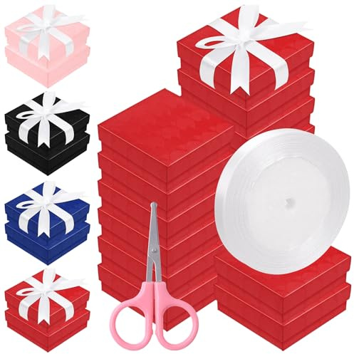 Scatole regalo in cartone Keadic per gioielli con nastro anti-macchia e forbici, astucci portagioie con coperchio e cotone per anelli, collane, bracciali, orecchini (Rosso, 7,6×7,6 centimetri)