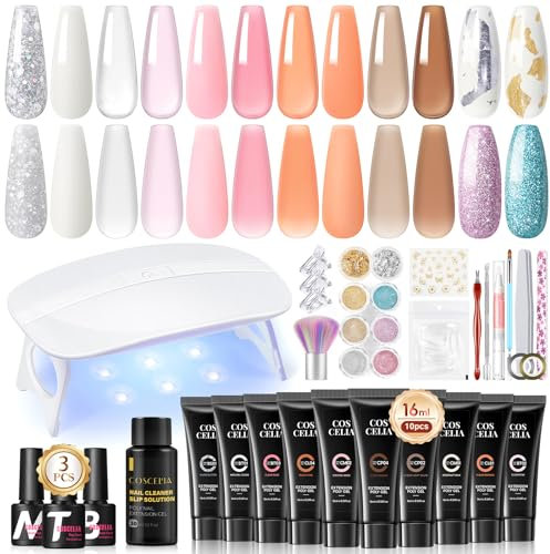 COSCELIA Gel Extensión de Uñas Kit 86PCS, 10 Colores 16ml Poly Uñas Gel Kit con Lampara Uñas Semipermanentes Base y Top Coat Mate,6 Colores Brillos Polvo Herramientas de Manicura para Principiante