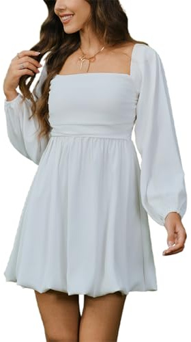 HYPERFIRE Women's Square Neck Long Sleeve Bubble Mini Dress Pleated Smocked A Line Wedding Dresses White Medium