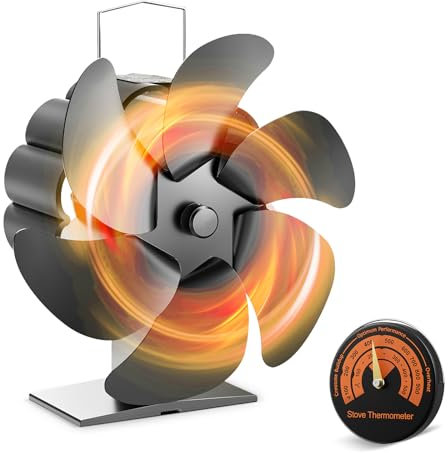 Ovshnrr Ventilateur Poele à Bois 6 Pales, Ventilateur de Cheminée Alimenté Par la Chaleur avec Thermomètre, Fonctionnement Silencieux, écologique pour Poêle à Bois/Cheminée/Gaz/Bûches de Poêle