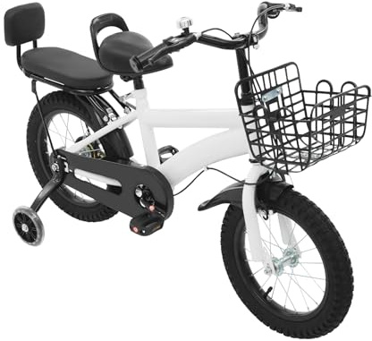 BJTDLLX Vélo pour enfant de 3 à 7 ans, 14, réglable en hauteur, pour filles et garçons, avec roues stabilisatrices, 3 roues avec panier avant et siège arrière, réglable de 17 à 19 pouces (blanc)