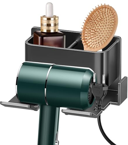 Fönhalter Ohne Bohren – Praktische Föhn-Halterung Mit Kabelhalter Und Aufbewahrungsfach. Aus Stabilem Aluminium, Selbstklebend Für Einfache Montage. Passt Zu Den Meisten Haartrocknern (14 x 13,8 cm)