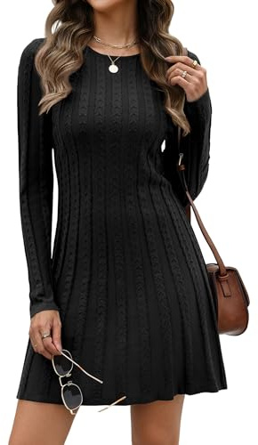 Hotouch Robe en tricot femme élégante, pullover en tricot, robe à manches longues, pullover, col rond, robe d'hiver, sweat-shirt, robe A-ligne, robe mi-longue de cocktail, Noir , L
