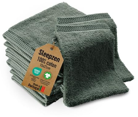 SLEEPZEN - Lot Gant de Toilette Coton Bio (Lot de 10 - Vert Green Bay) Certifié GOTS - 500 g/m² Certifié Oeko-Tex - Gants de Toilette Ultra-Absorbant - Extra Doux - Fabriqué au Portugal