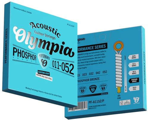 Olympia - Corde per chitarra acustica, bronzo fosforoso, 10-47, 11-52, 12-53, serie Performance, rivestite, tono caldo bilanciato, extra leggero, leggero, calibro leggero (calibro 11-52)