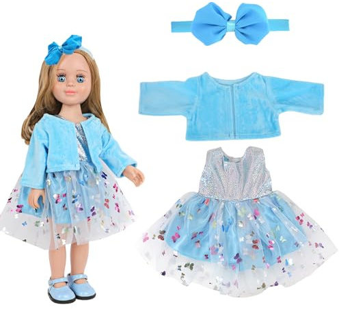 Lot de 3 vêtements de poupée de 43 cm avec manteau, robe, bandeau, accessoires classiques pour poupées, vêtements de poupée, vêtements de poupée pour enfants filles garçons (bleu)