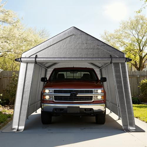 LINKHOO 10 x 15 FT Storage Shed, Portable Shed with 220G Heavy Duty PE Tarp, Roll-up Zipper Door & Vent, Waterproof Storage Tent for Motorcycle, Bike and Tools, Gray