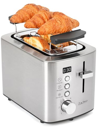 2 Slice Toaster, LED Countdown Timer, 6 Browning Setting - Bread Toasters with Warming Rack and Removable Crumb Tray,Defrost/Reheat/Cancel,1.1m Long Cord, Stainless Steel, Silver