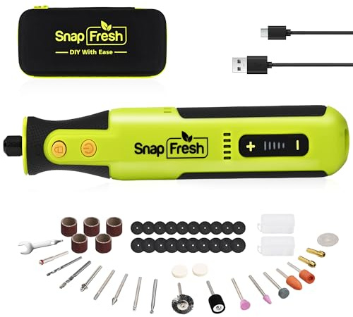 SnapFresh Outil Rotatif Sans Fil 8V avec 46 Accessoires, Ultra Léger 0,26 kg, Jusqu’à 40 min d’Autonomie, Vitesse 5 000–28 000 tr/min, Mémoire de Vitesse, pour Ponçage, Gravure, Polissage et Perçage