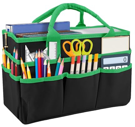 Desktop File Folder Tote Storage Organizer, Oxford Fabric Art Craft Storage Bag Art Craft Supplies Tote Bag with Pockets and Handles Carrying Case for Teacher Office Drawing Book Notebook(Black-Green)