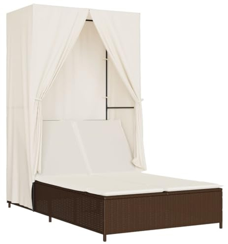 Nqyjm Lettino da giardino con schienale regolabile in 4 posizioni, doppio lettino da sole con tetto e tende, in rattan sintetico, marrone, sedia a sdraio da spiaggia, per esterni, giardino, terrazza
