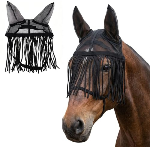 Masque anti-mouches pour chevaux réglable avec maille respirante, masque anti-mouches avec oreilles pour protection des yeux et des oreilles, noir