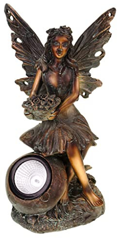 Kremers Schatzkiste A Noble Elfe Debout avec Grenouille Solaire sur Tronc d'arbre Figure de Jardin 40 cm Fée Fairy