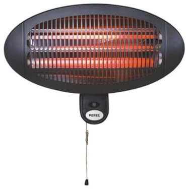 Perel Riscaldatore da terrazza 2000W quarzo, IP34 impermeabile, montaggio a parete con cordicella, 3 livelli di calore, inclinabile 45°, riscaldatore esterno per terrazza balcone veranda giardino nero