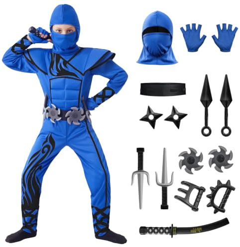 Striking Blue Ninja Costume for Child Stealth Costume Halloween Kids Kung Fu Outfit (Large ( 10- 12 yrs))