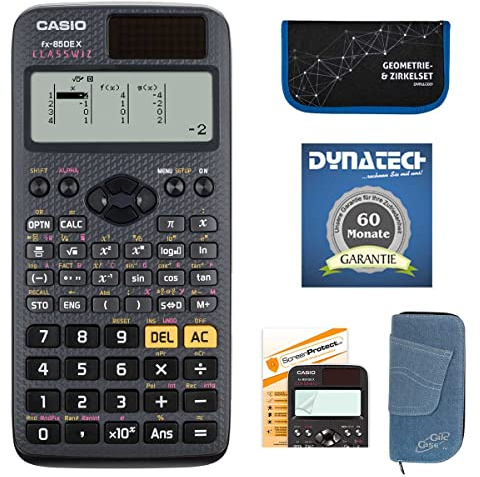 DynaTech Taschenrechner-Set Taschenrechner Casio FX-85 DE X mit Schutztasche Jeans hell kompatibel mit FX-85 DE X im Set mit Zirkelset, Displayschutzfolie und Garantie