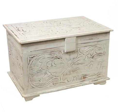 Oriental Galerie Truhe Holzkiste Holztruhe Schatztruhe Kiste Box Palmenholz Holzbox Blumen Schnitzereien Shabby Used Look Weiß Groß 60 cm