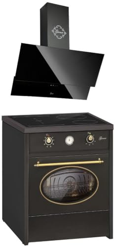 GURARI GCH E 612 BL r + GCH D 268 BL 8 Prime, fornello a induzione retrò 60 cm, Range Coocker 60 l, nero + cappa aspirante, cappa da parete 80 cm, 1000 m3/h, nero