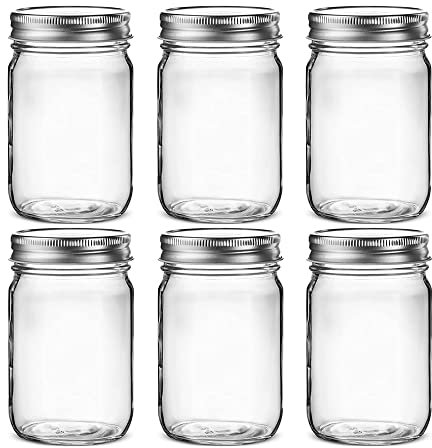 Hniuyun 6 pack Glass Regular Mouth Mason Jars, Clear Glass Jars with Silver Metal Lids for Sealing, Food Storage, Overnight Oats, Dry Food, Snacks, Candies, DIY Projects (16 oz
