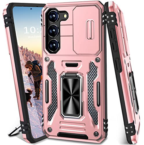 BaHaHoues for Samsung Galaxy S23 Case with Slide Camera Cover and 360° Rotatable Magnetic Kickstand, Military Grade Shockproof Protective Case for Galaxy S23 5G (Rose Gold)