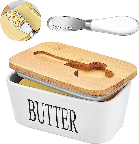 MEETOZ Ceramic Butter Dish with Wooden Lid, Airtight Butter Keeper for Counter or Fridge with Stainless Steel Multipurpose Butter Knife, Butter Container with Double High-Quality Silicone