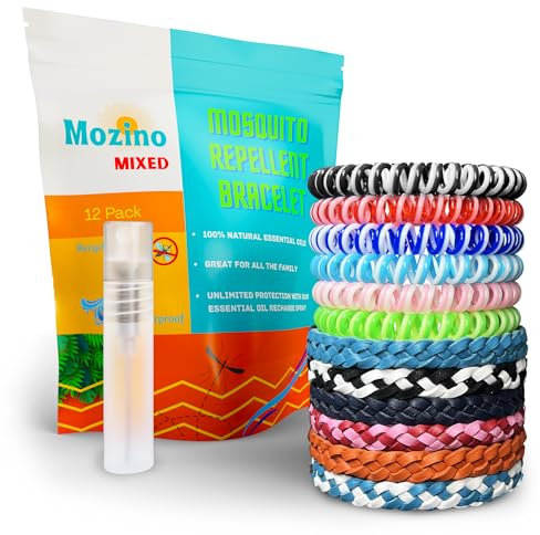 Mozino 100% Natural Mosquito & Insect Repellent Bracelet & Wrist Bands - Kids & Adults 12-Pack - Water-Resistant DEET-Free - 300hrs Protection + Essential Oil Recharge Spray for Even Longer Protection
