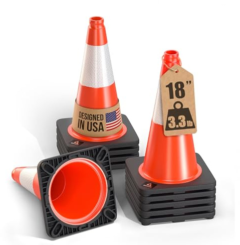 GECCO ™ (10 Pack) 18 Inch 3.3 Lb Small Orange Traffic Cones Set | Safety Cones, Orange Cones, Parking Cones, Construction Cones, Road Cones | PVC Plastic & Black Base - [PRO Series]