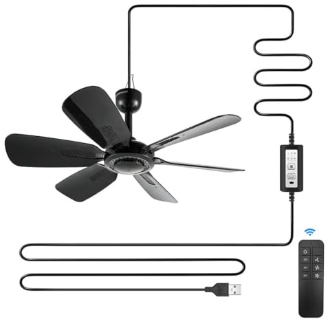 bestmoument Ventilatore da soffitto portatile da 45 cm con telecomando a 3 velocità, presa USB, alimentazione 5 V CC, 6 pale, tenda da campeggio per interni ed esterni, gazebo, spiaggia, appeso