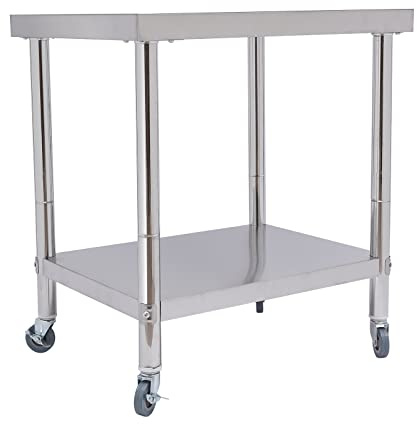 OUKANING Carro de servir de acero inoxidable de 2 niveles, mesa de trabajo de cocina de acero inoxidable con ruedas, mesa de acero inoxidable, gastronomía doméstica/comercial, capacidad de carga 300