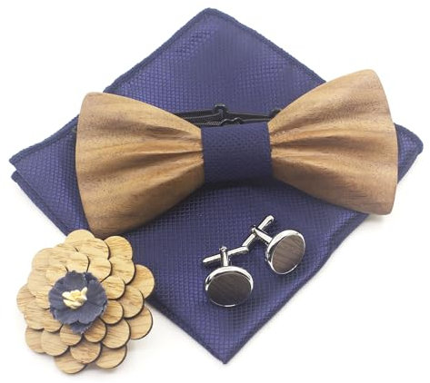 Cyriacus Ensemble Nœud papillon Bois pour Homme Mariage Fête Noeud Papillon,Boutons de Manchette,Mouchoir,Fleur Broche